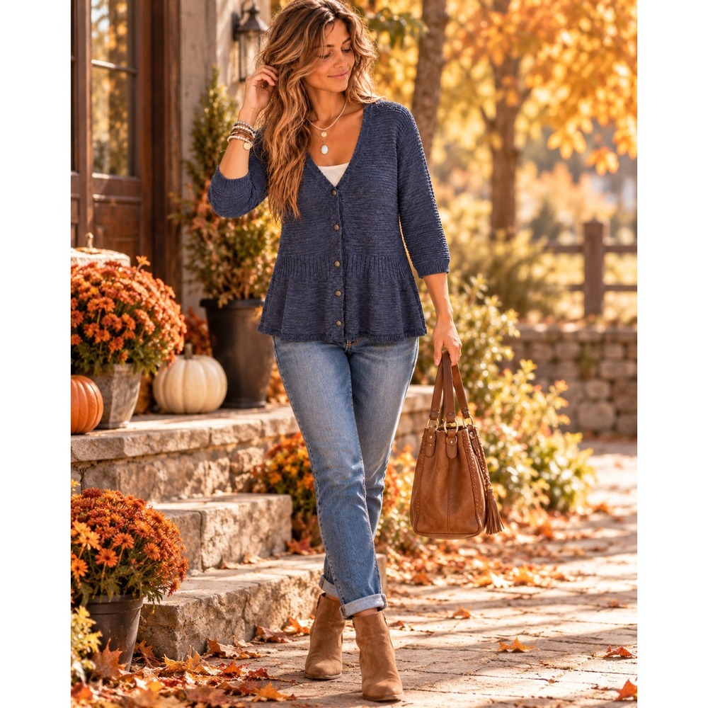 NorthStyle Navy Blue Marled Peplum Cardigan Sweater V-Neck Knit Sz L Cottagecore